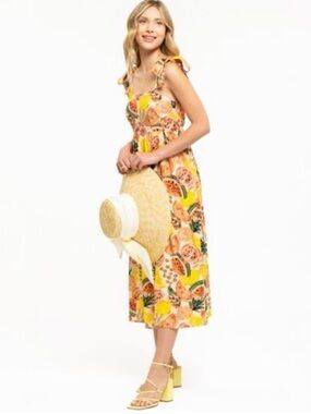 By the River Yellow Fruit-Print Tie-Strap Midi Dress boho vacation